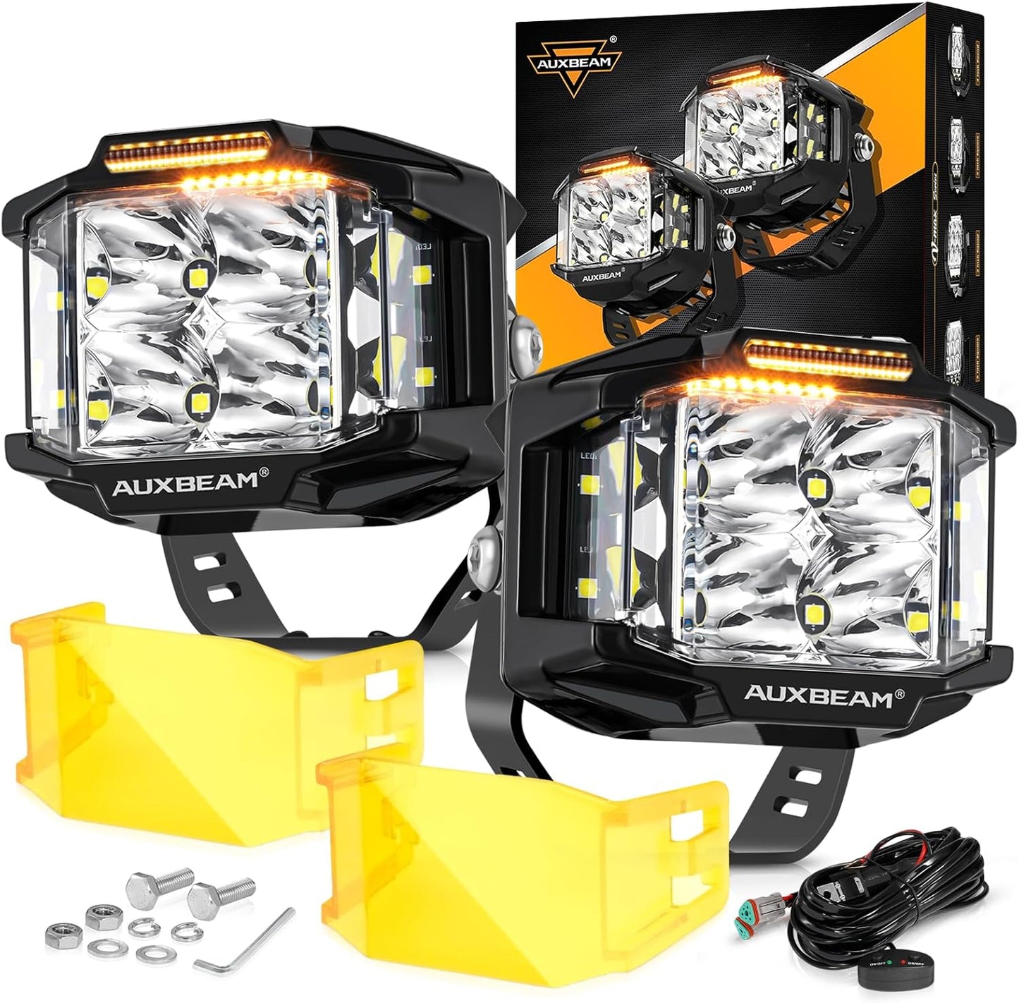 Auxbeam 4in 92W Cube LED Pod Lights with Amber DRL Feature