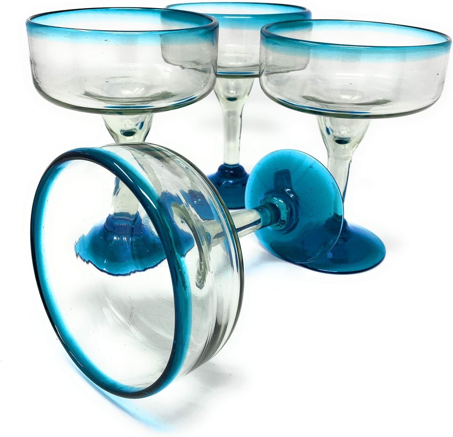 Hand Blown Margarita Glass Set of 4 with Aqua Blue Rims
