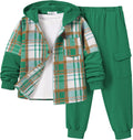 2Pcs Boys Sweatsuit Set Hoodie Plaid Shirt and Jogger Pants - Cozy