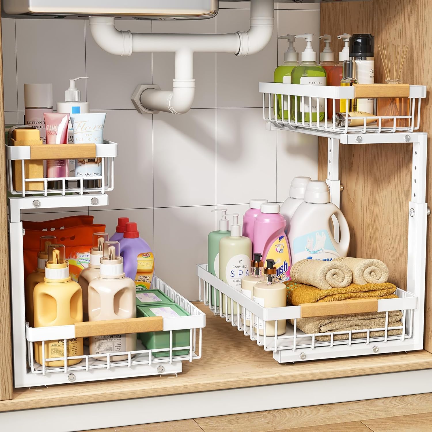 PXRACK Under Sink Organizer - Adjustable Height 2 Tier Storage