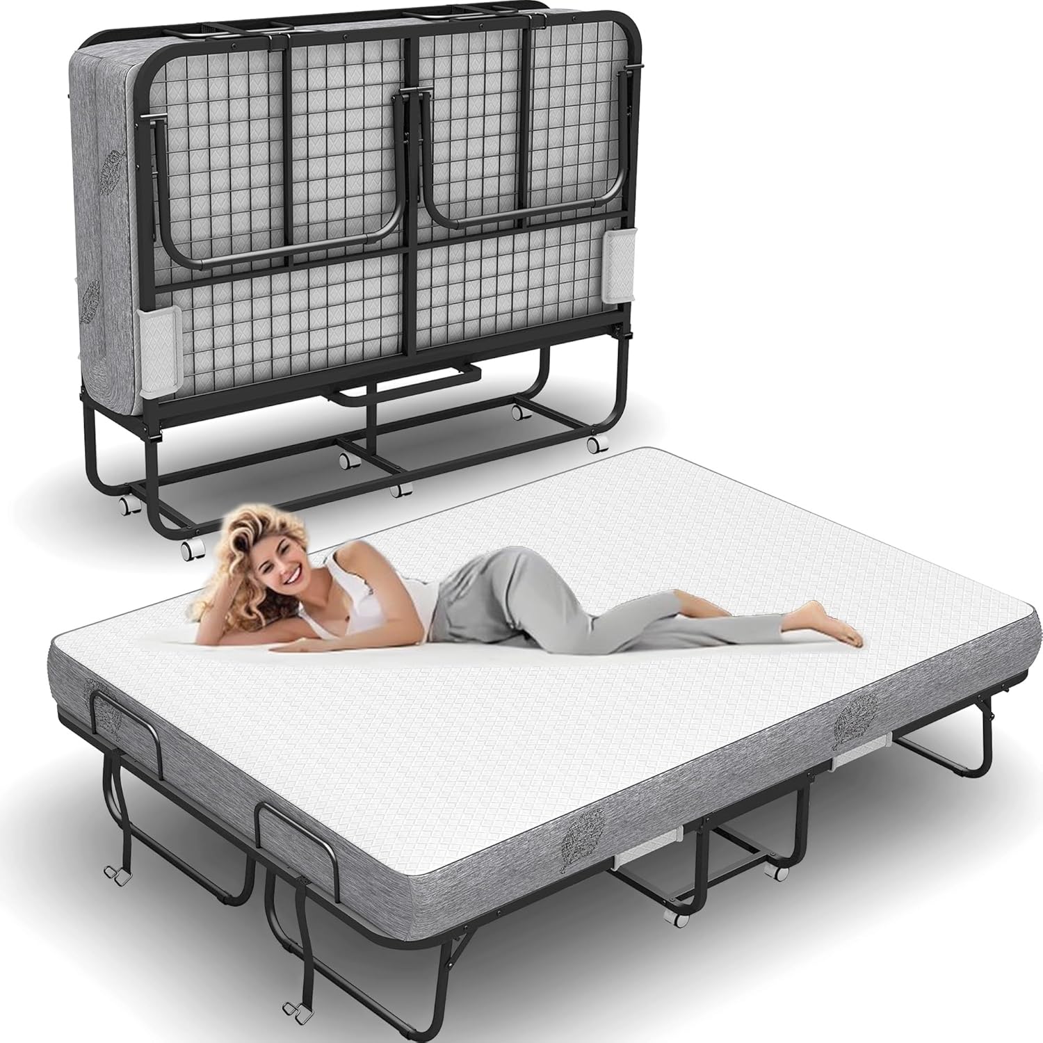 Folding Bed with Mattress for Adults - Portable Rollaway Bed