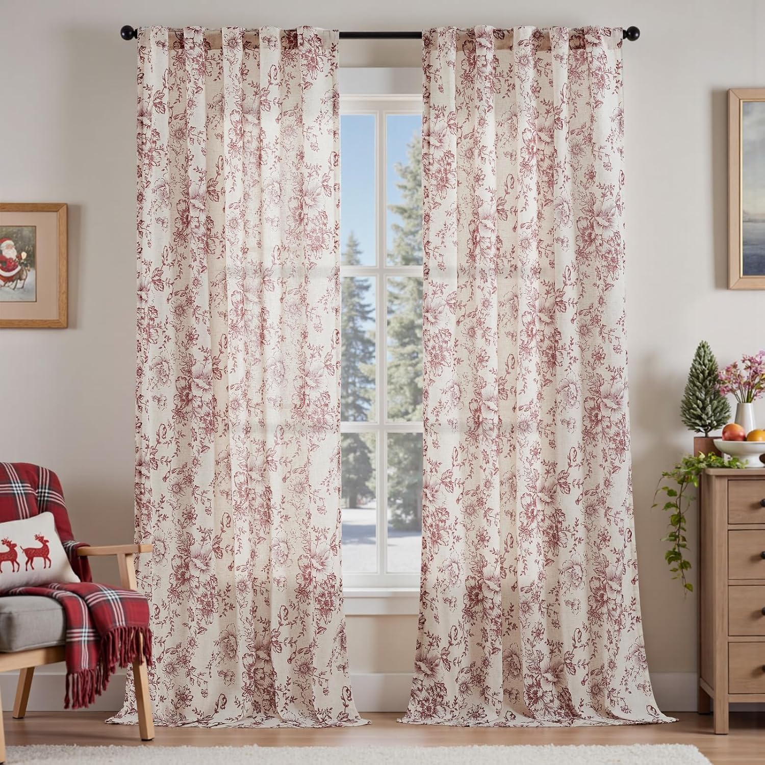 Floral Linen Blend Curtains for Living Room 96 Inch Length