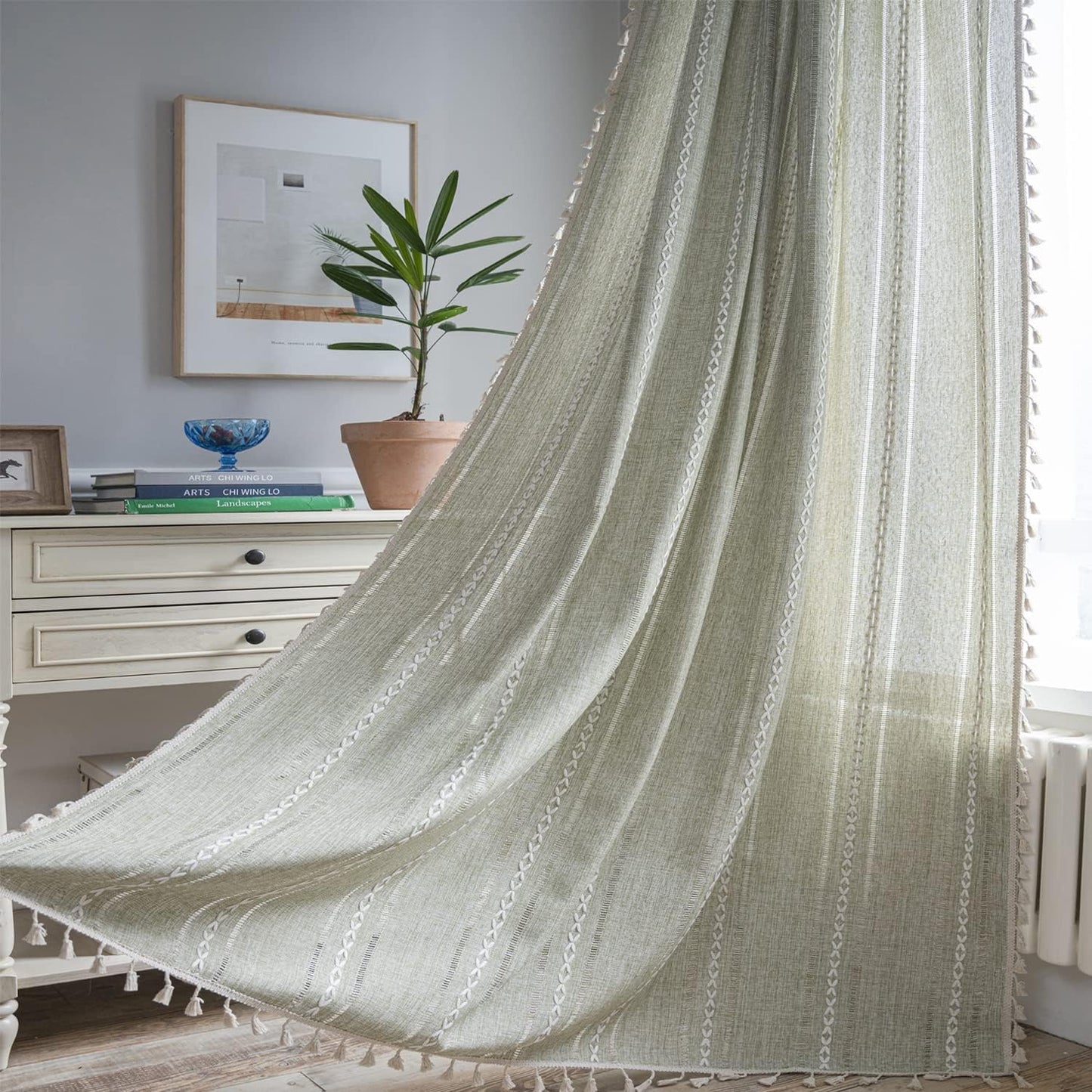 ColorBird Sage Green Boho Curtains for Bedroom and Living Room