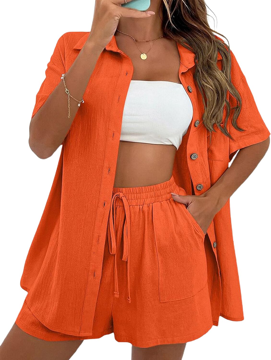 APAFES Women Summer Cotton Linen Short Sets for Beach Fun