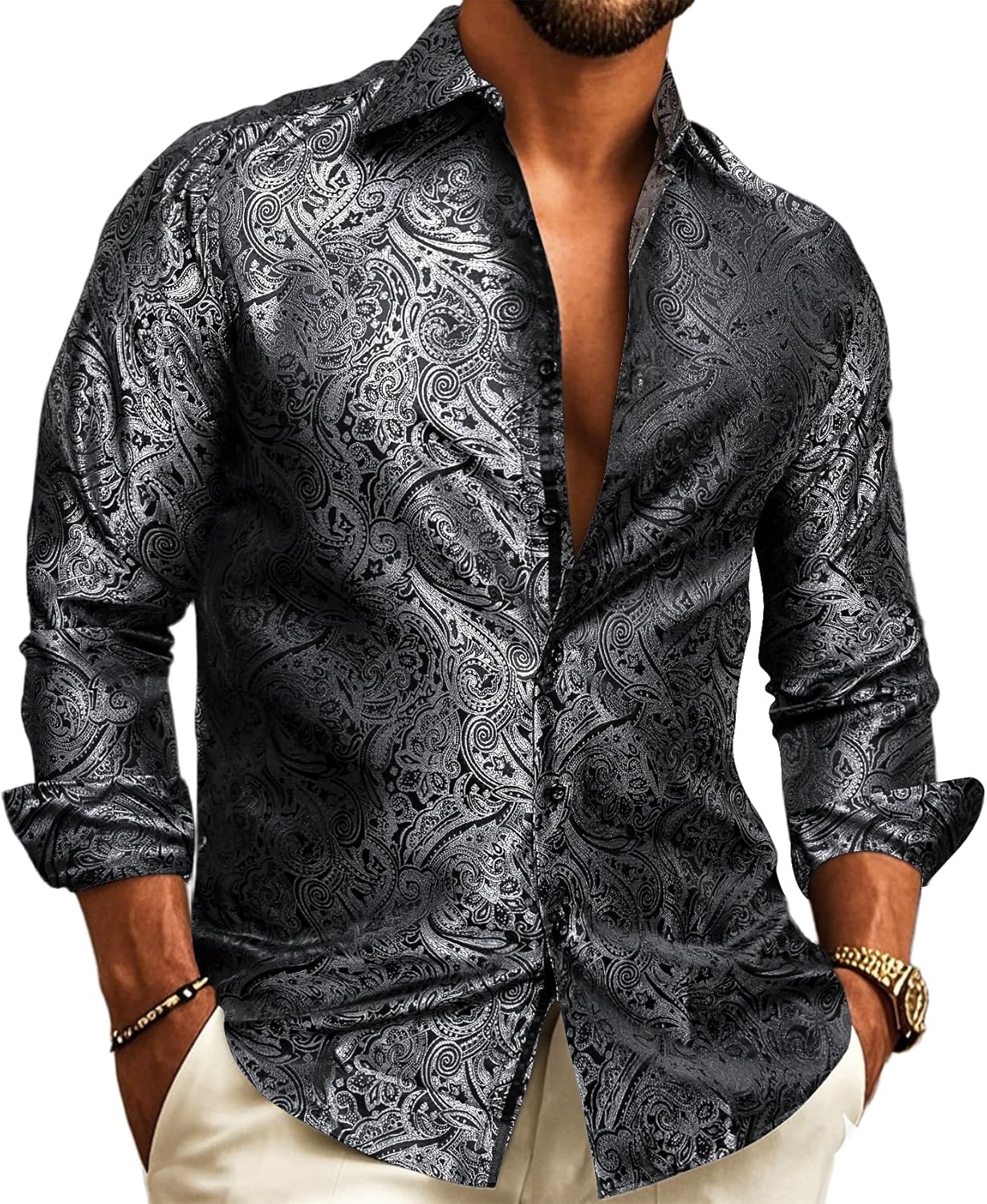 Barry.Wang Mens Western Shirts Silk Paisley Long Sleeve Dress Shirt