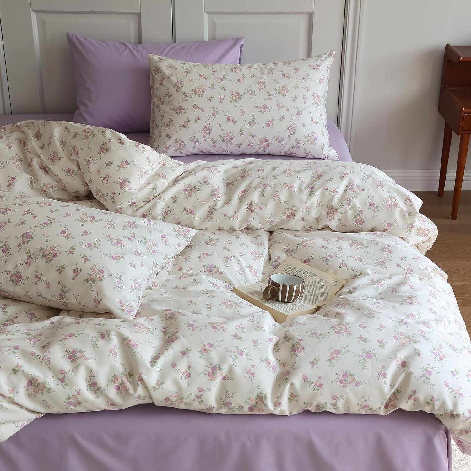 Chic Shabby Pink Purple Floral Comforter Set for Queen Beds