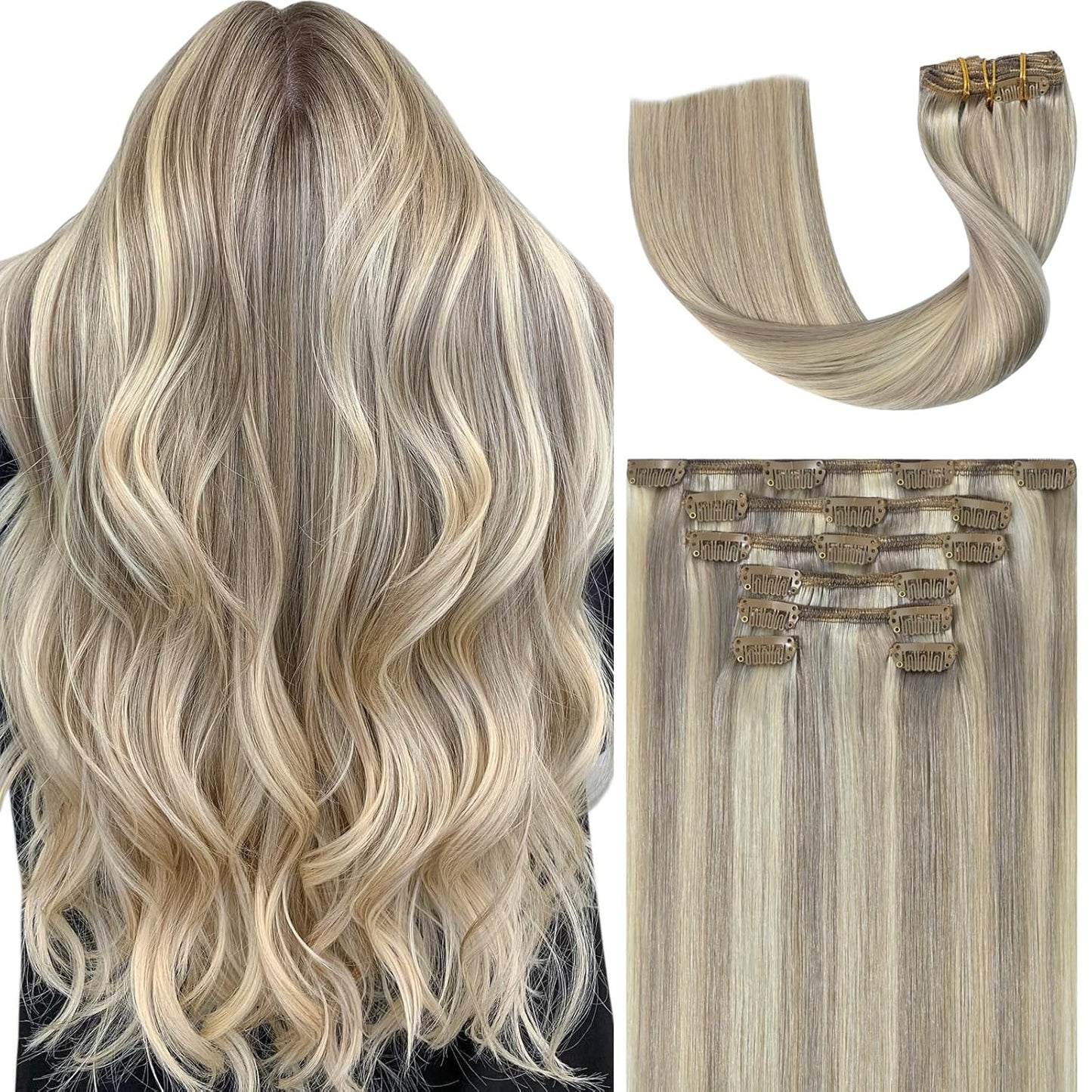 Ukira Ash Blonde Hair Extensions Clip in Real Human Hair 12 Inch