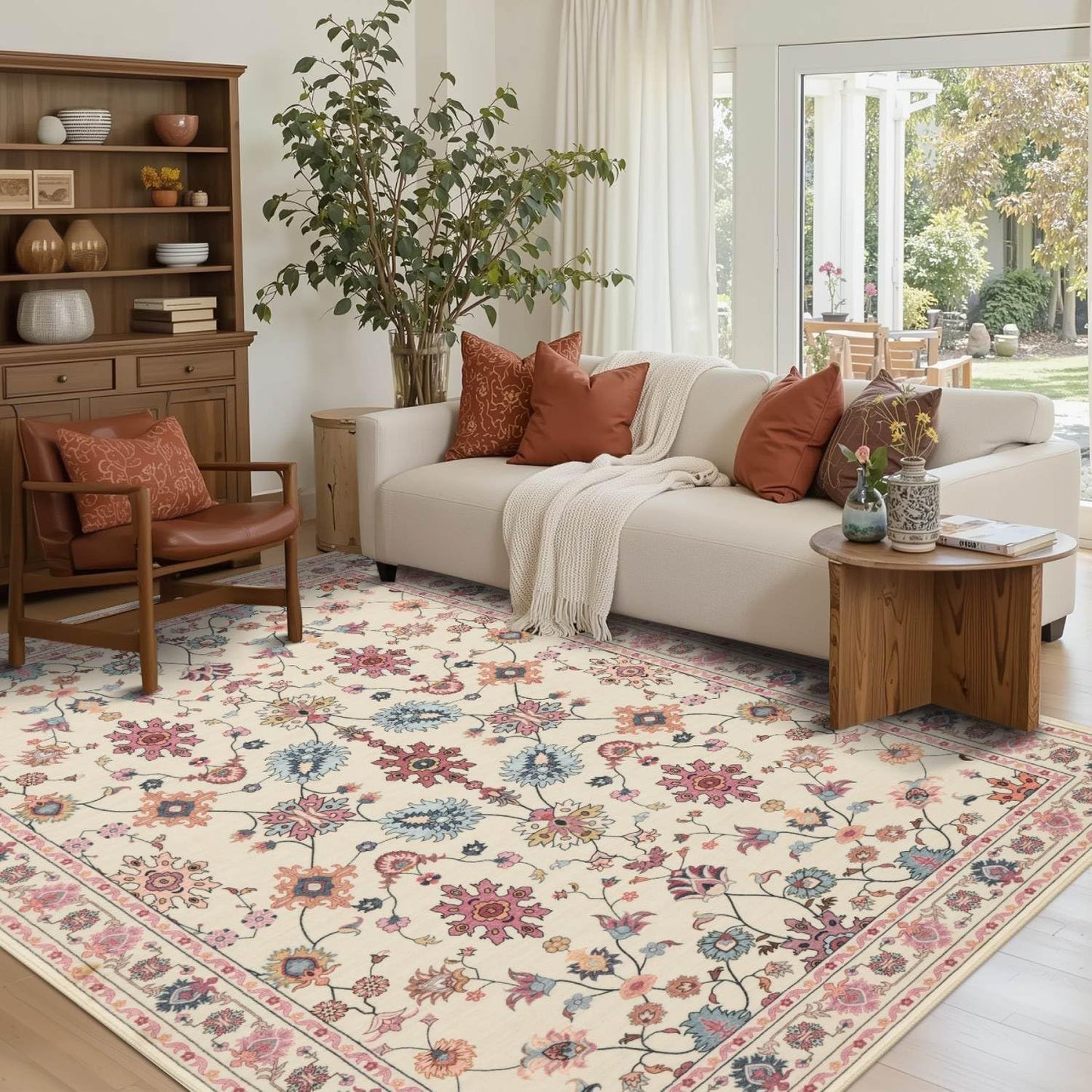 Pink Floral Rug for Living Room and Bedroom, 5x7 Washable