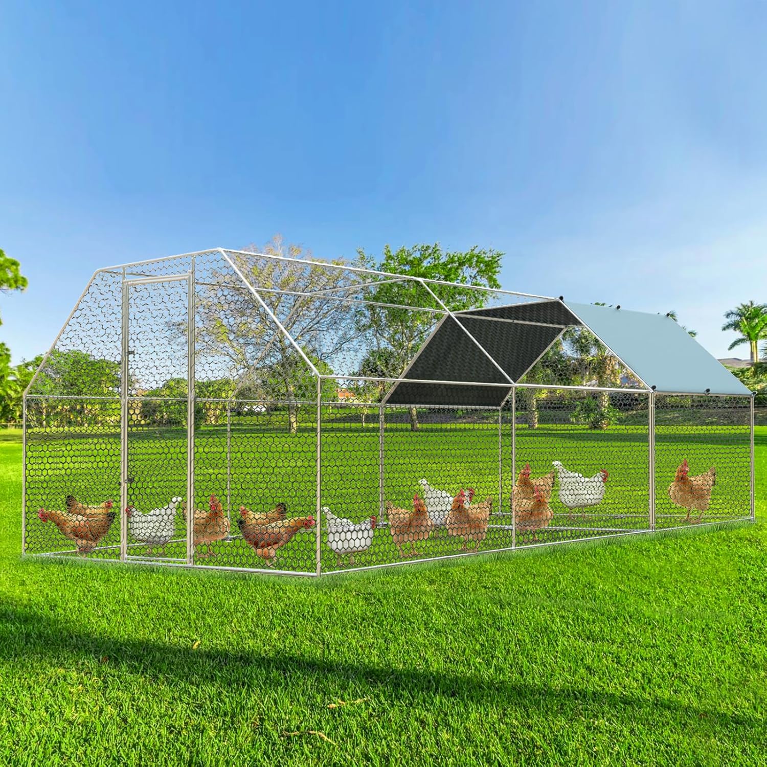 Large Metal Chicken Coop with Run for Outdoor Poultry Housing