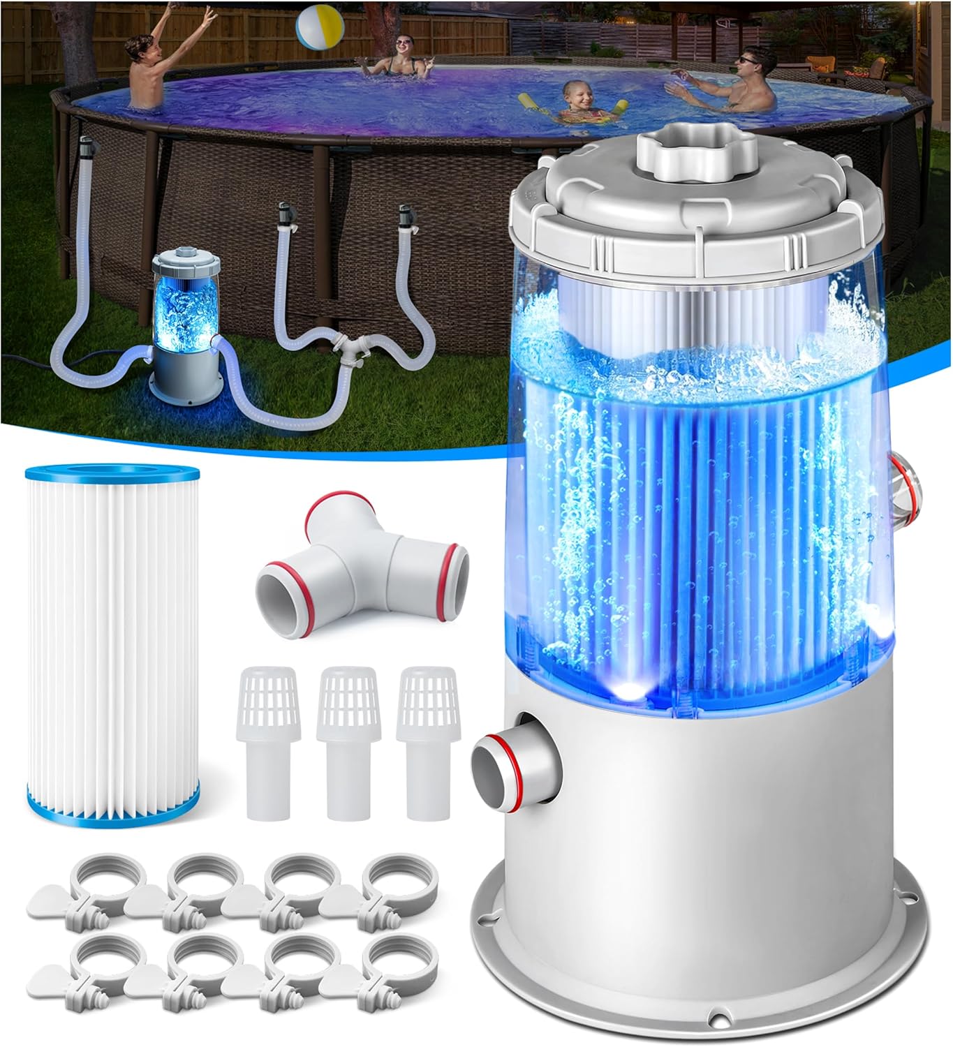 1000 GPH Light-Up Pool Filter Pump with Blue LED for Pools