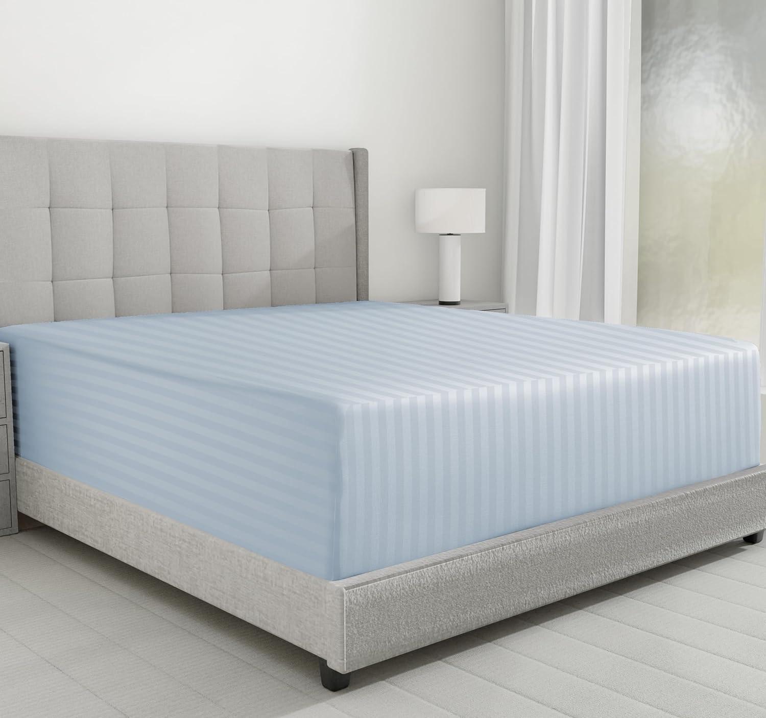 Luxury Cotton Sateen Damask Stripe King Fitted Sheet - Light Blue