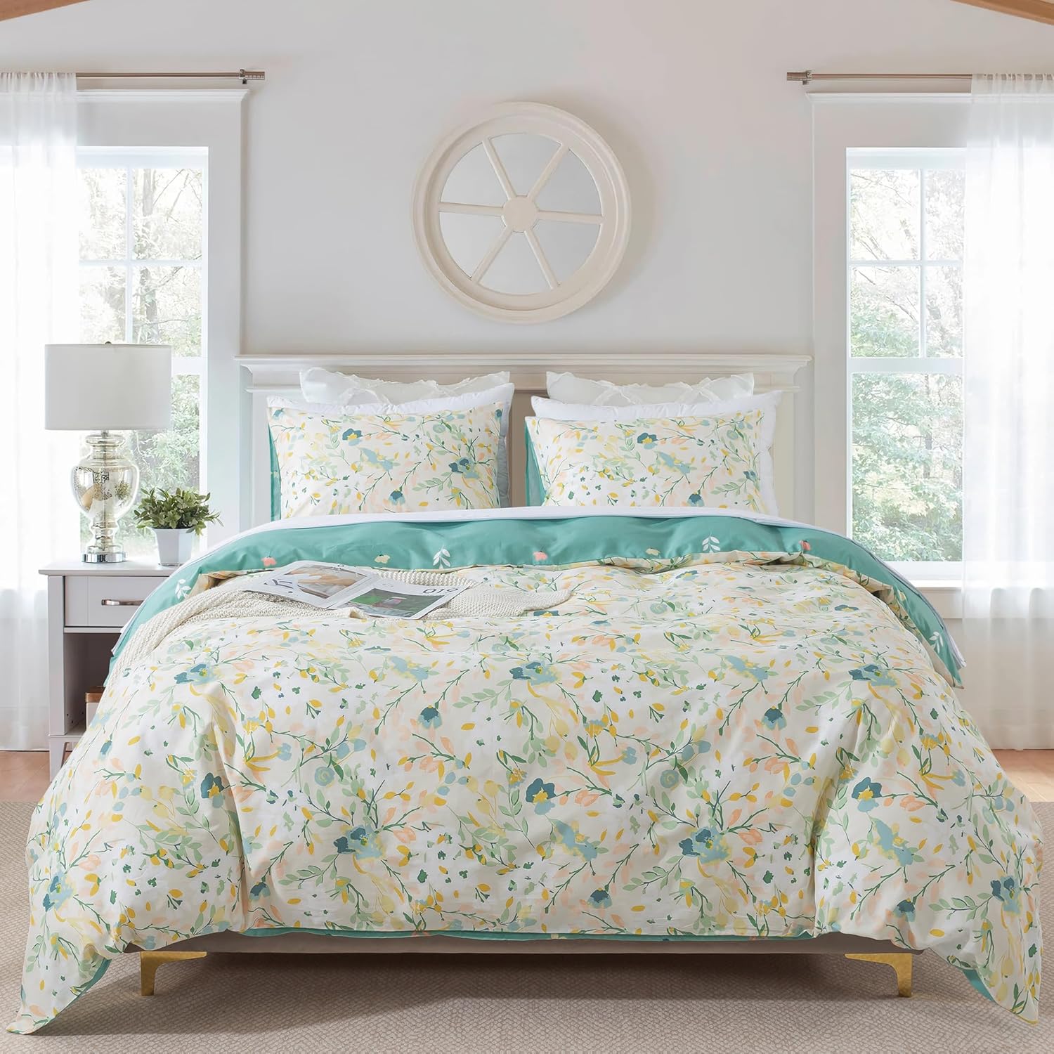 HoneiLife Floral Duvet Cover Queen Size - Cotton Comforter Set