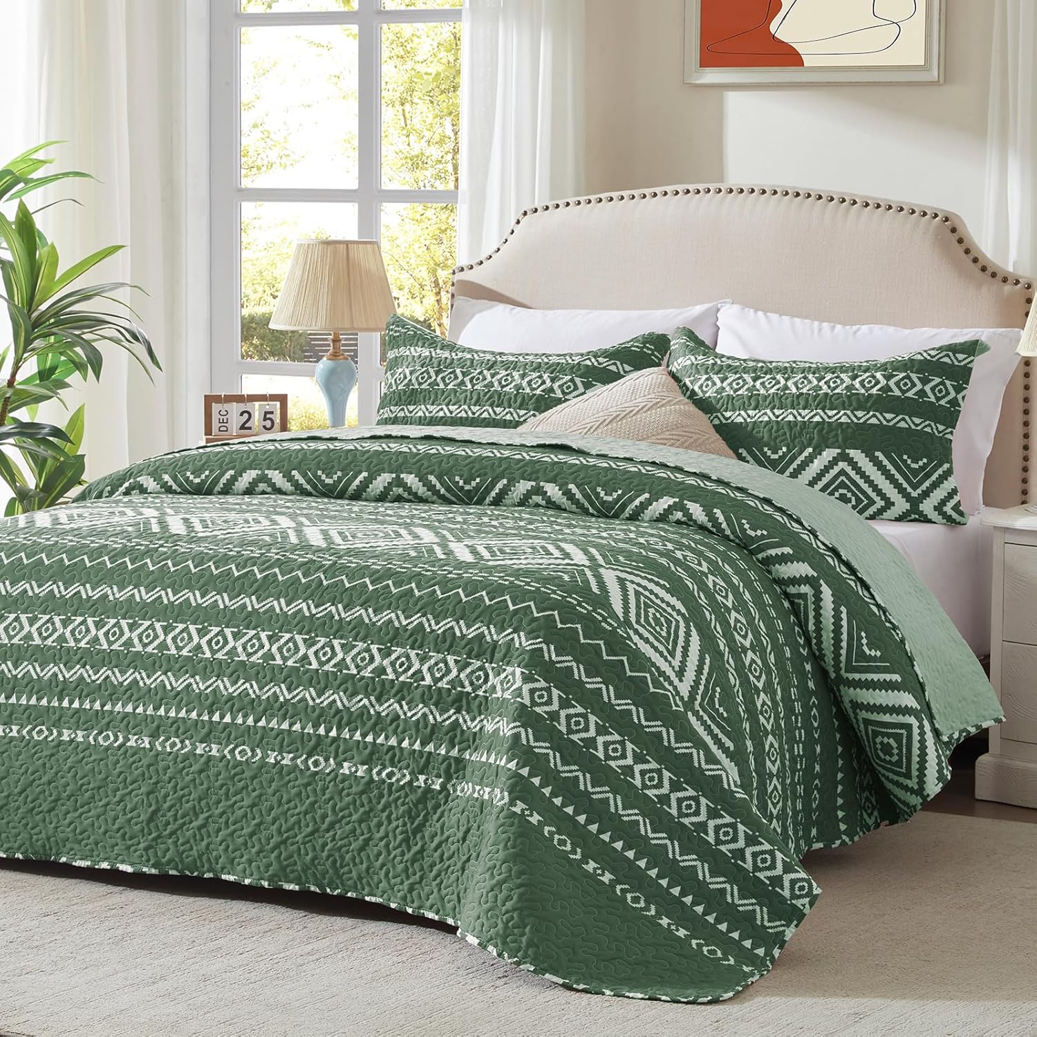 Olive Green Quilt Set for Queen Size Bed by LEAONME - Soft & Warm