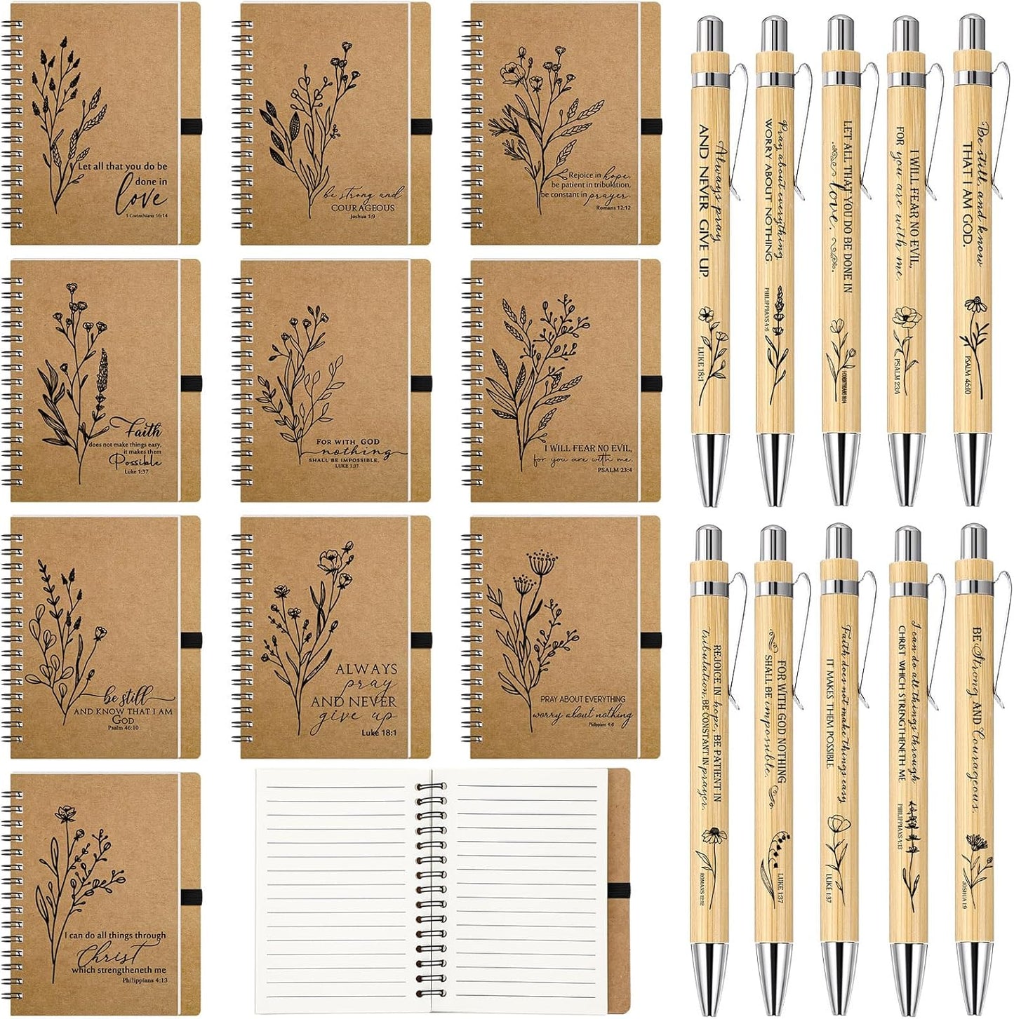 100 Pcs Bible Verse Spiral Notebook with Bamboo Pen Gift Set