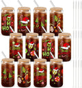 12 Set Christmas Glass Cups with Bamboo Lids and Straws - Festive 16
