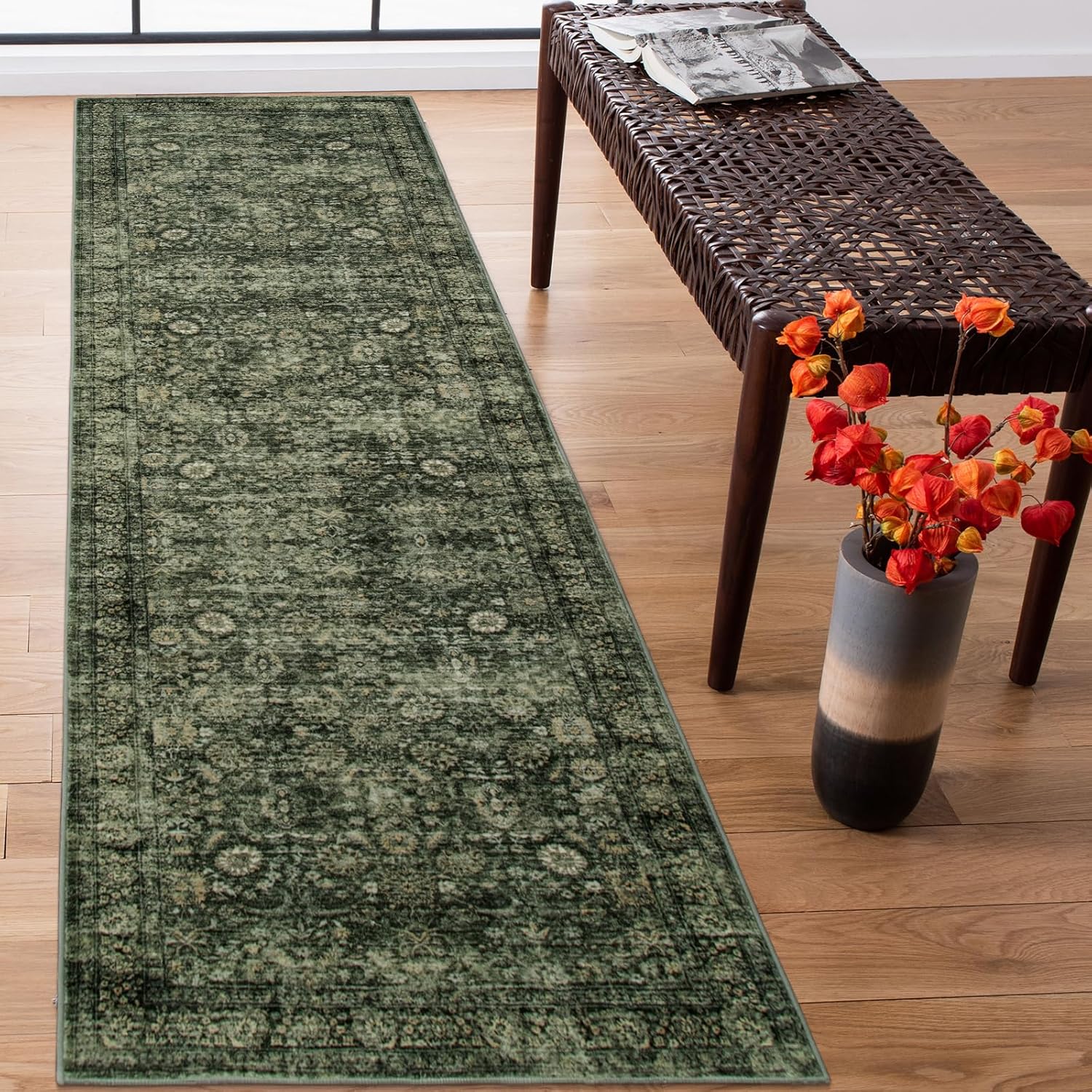 Morebes Washable Dark Green Runner Rug for Vintage Boho Style