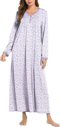 Women's Long Sleeve Henley Nightgown Full Length Sleep Dress - Soft