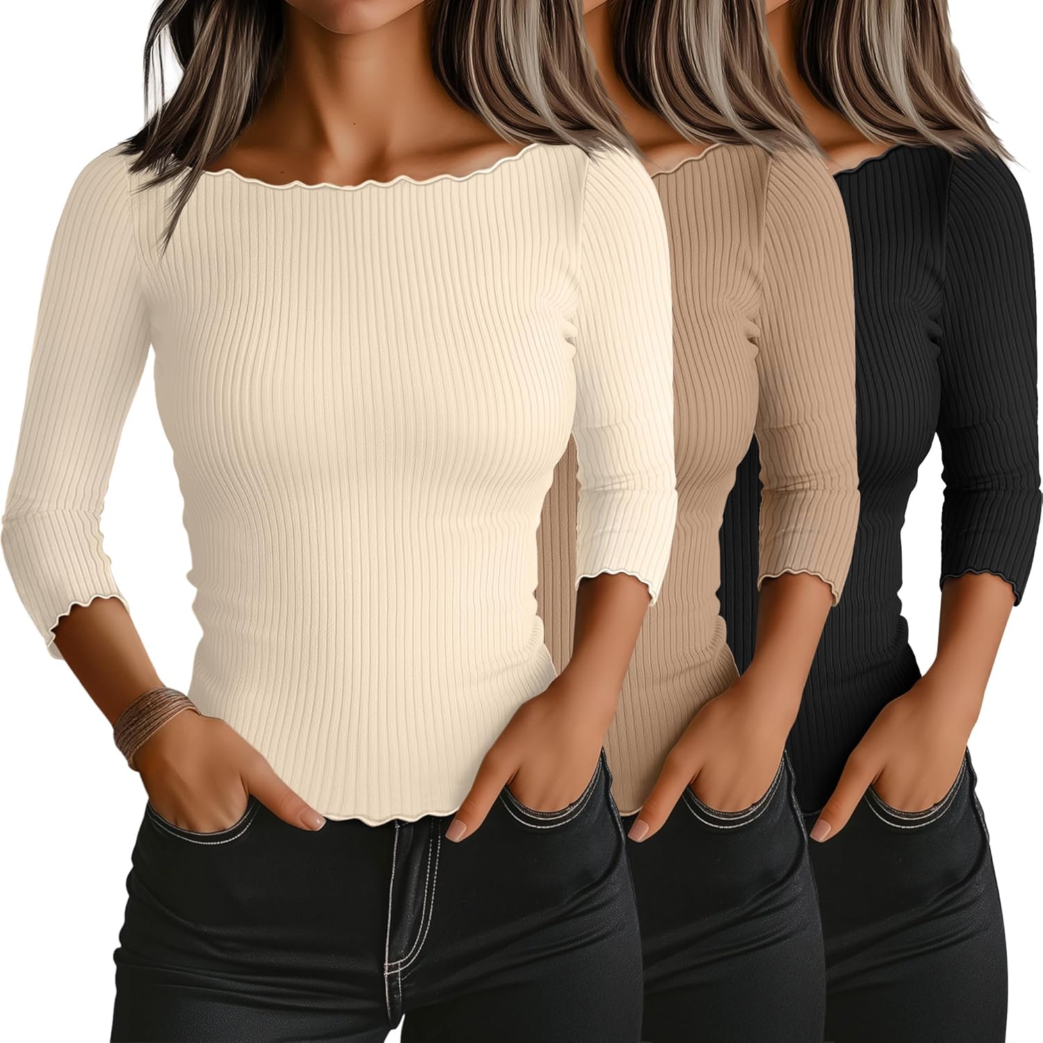 Riyiper 3 Pack Women's 3/4 Length Sleeve Tops for Casual Style