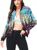 Womens Sequin Bomber Jacket - Sparkly Zip-Up Concert Coat