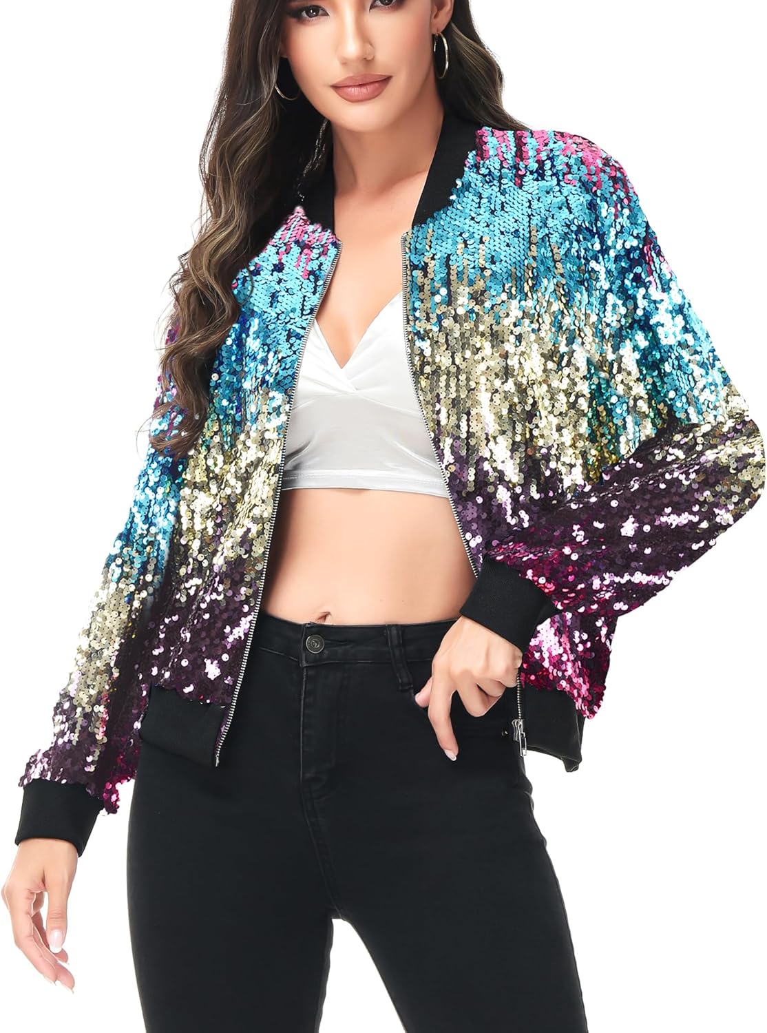 Sparkly Zip Up Bomber Jacket for Concerts and Parties