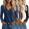 Women's V Neck Long Sleeve T-Shirts 4 Pack - Soft Loose Fit