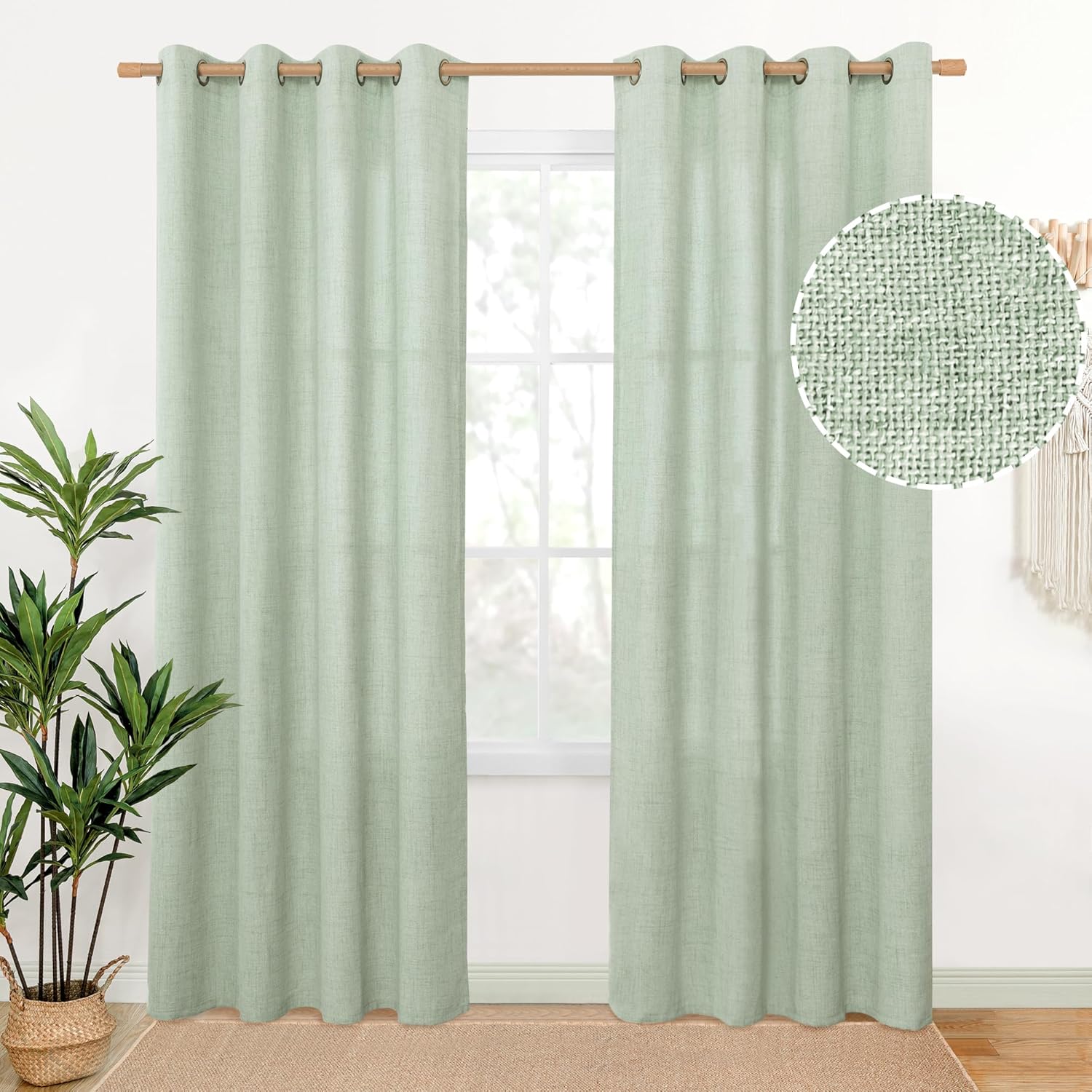YoungsTex Sage Green Linen Curtains for Living Room 80 in Long