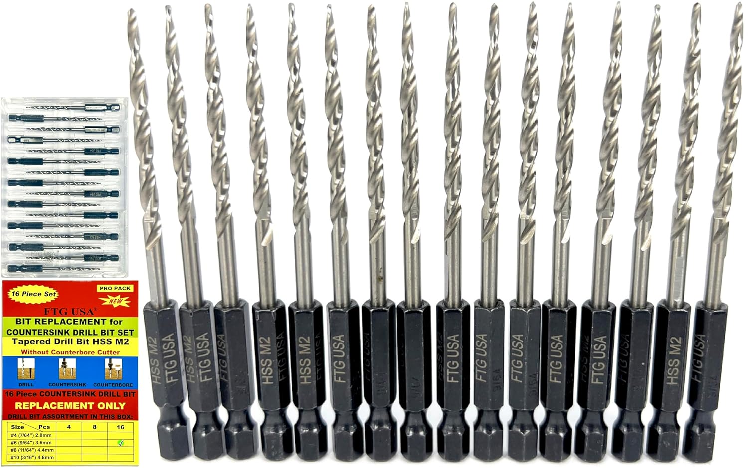FTG USA 16 Pc Tapered Countersink Drill Bit Set for Wood