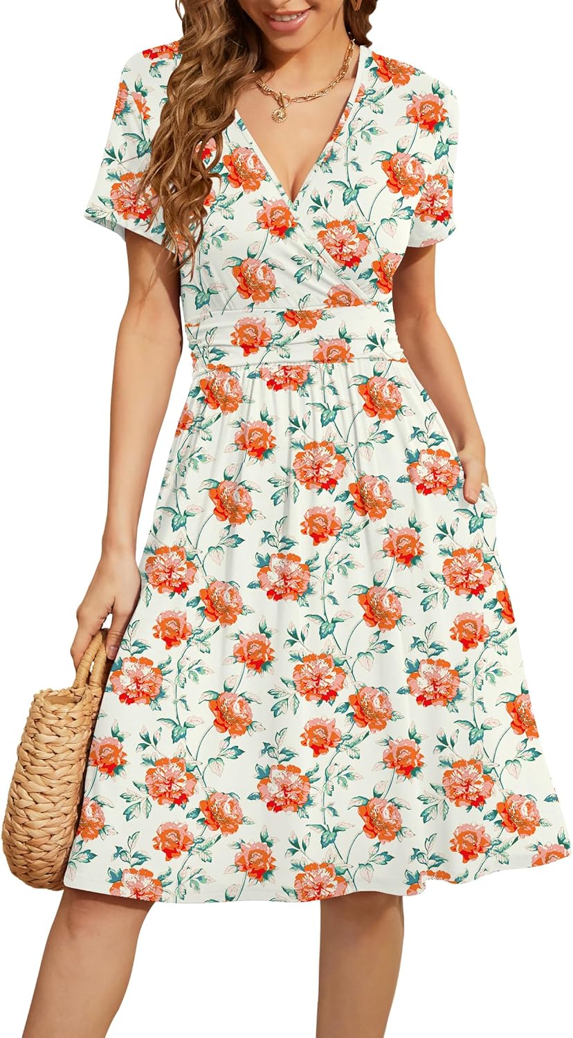 WEACZZY Women's Summer Short Sleeve Casual Floral Dress with Pockets
