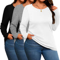 3 Pack Women's Plus Size Cotton Scoop Neck Long Sleeve Tops Shoes