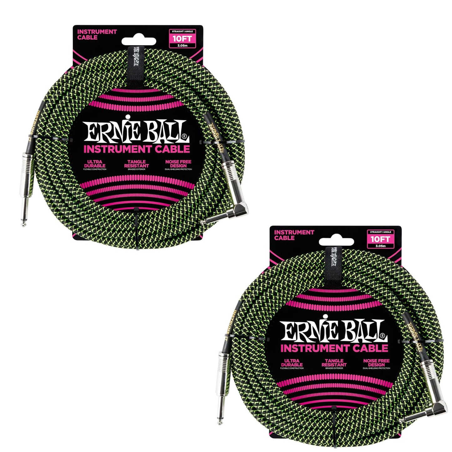Ernie Ball 10ft Neon Green Instrument Cable x2