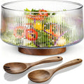 Glass Salad Bowl with Acacia Wood Base - Extra Large Serving Bowl