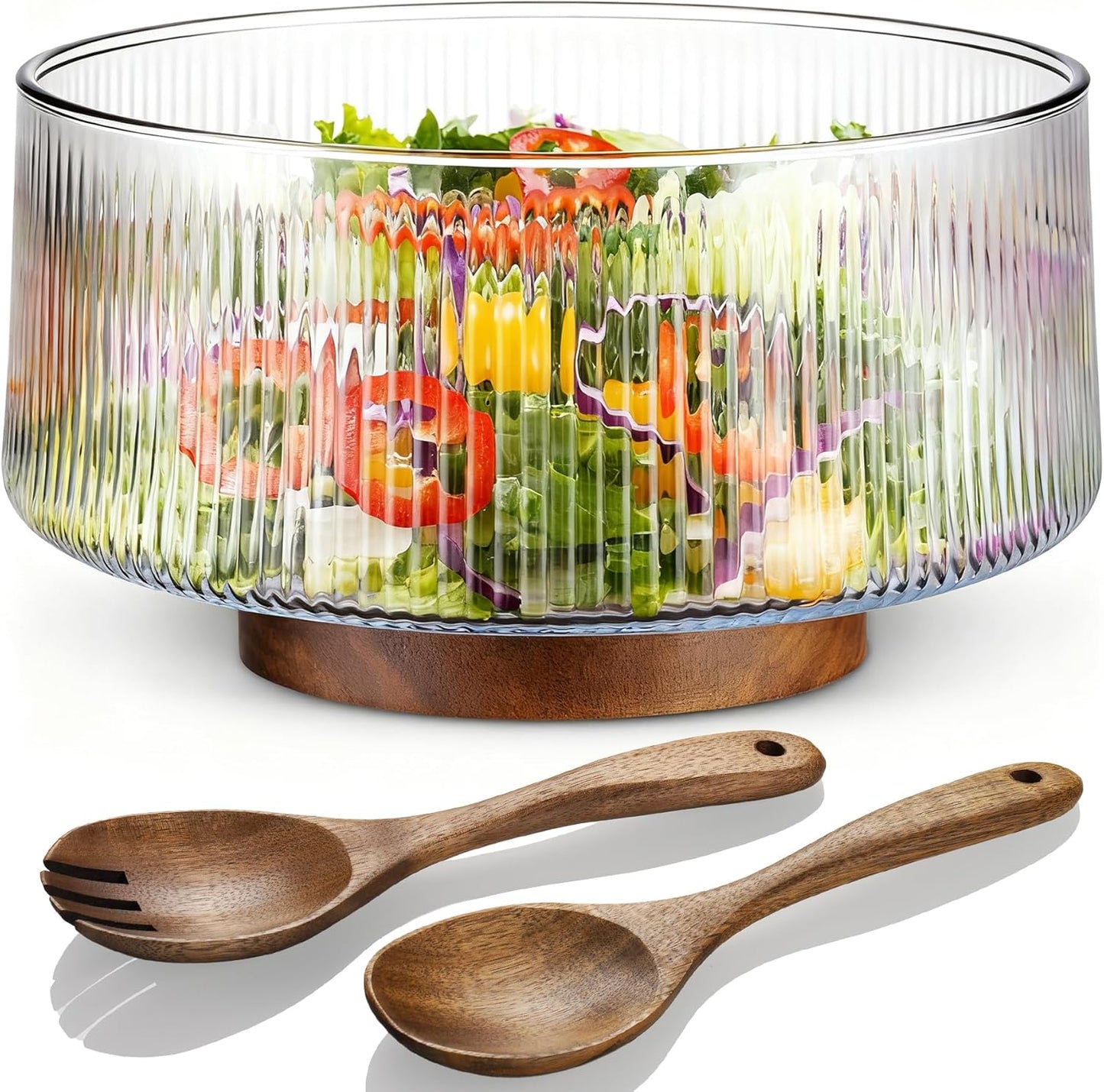 Extra Large Glass Salad Bowl with Acacia Wood Base for Gatherings