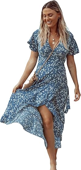 BerryGo Women's Boho V Neck Ruffle Floral Wrap Maxi Dress Review