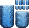 Set of 8 Vintage Embossed Glassware - Blue Art Deco Highball & Rocks