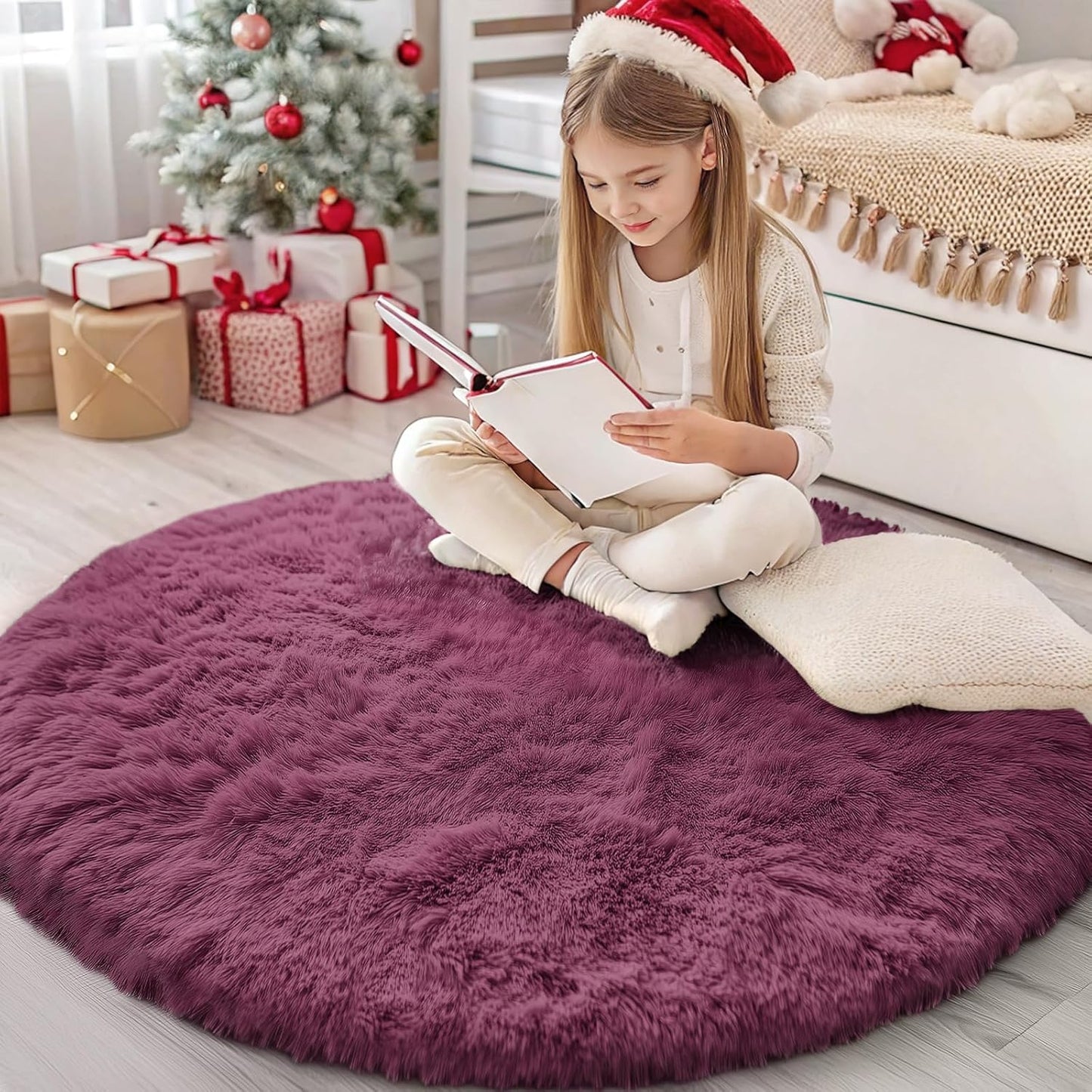 OLANLY Burgundy Round Rugs for Bedroom - Soft and Fluffy Design