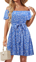 Womens Off Shoulder Ruffle Floral A-Line Skater Dress with Belt