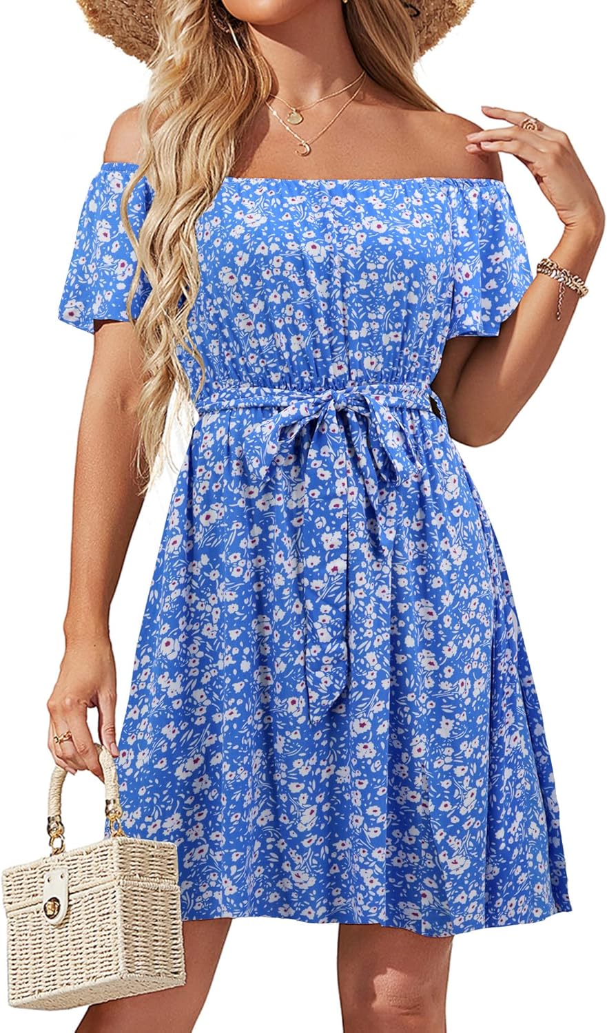 Womens Off Shoulder Ruffle Floral Summer Wedding Guest Dress