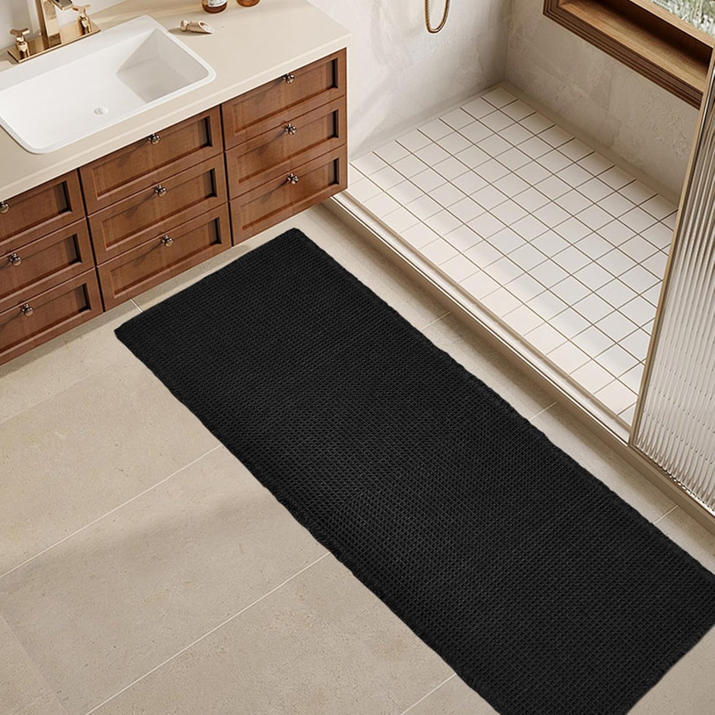 ZALL Waffle Bath Mat Black Super Absorbent Non Slip Rug