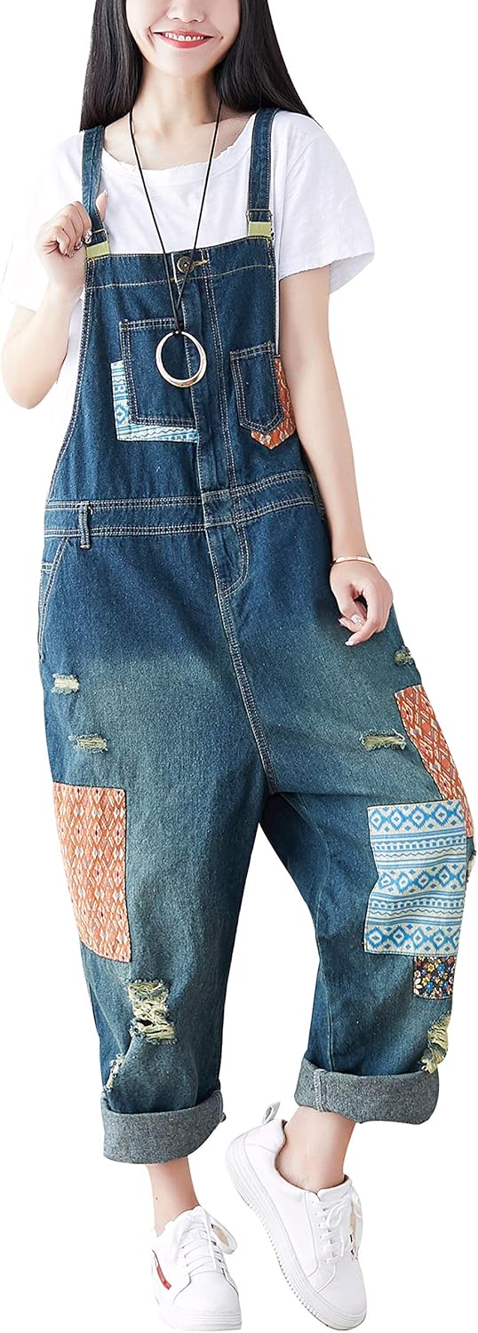 Yeokou Women's Loose Baggy Denim Wide Leg Jumpsuit Rompers