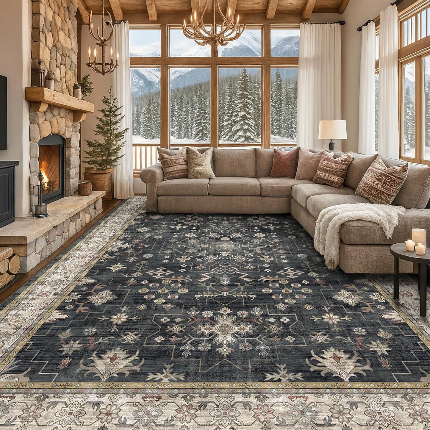 Boho Black Rug for Living Room - Washable 10x12 Area Rug