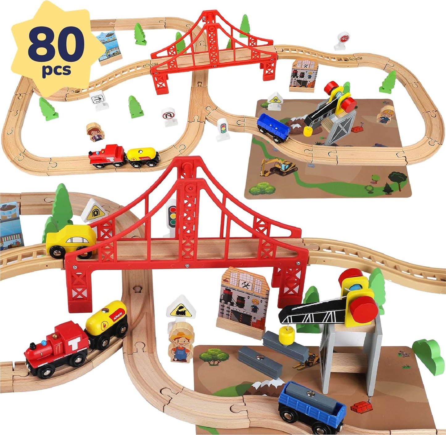 Wooden Train Set 80pcs with Magnetic Crane for Toddlers Fun