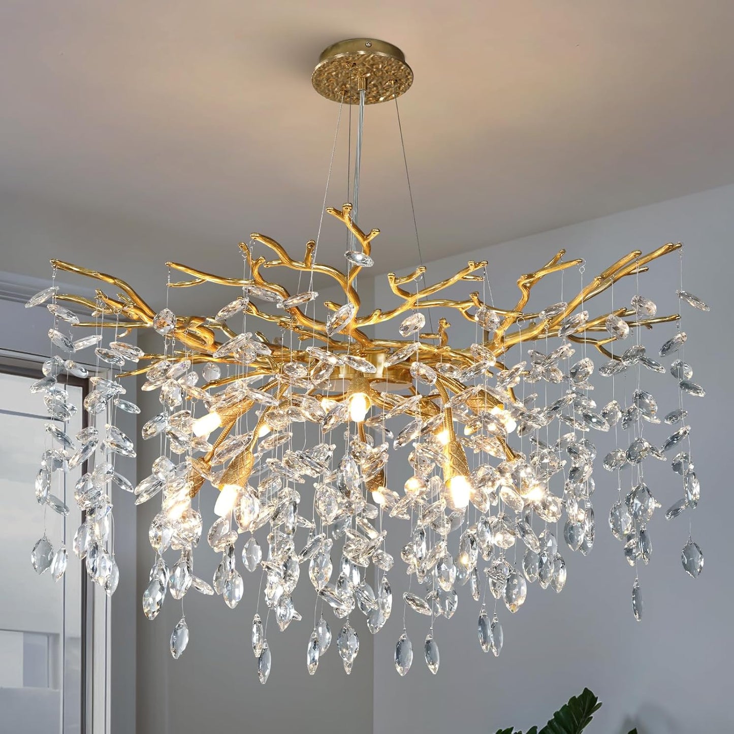 YUYI Modern Crystal Chandelier - 10-Light Gold Tree Branch Design