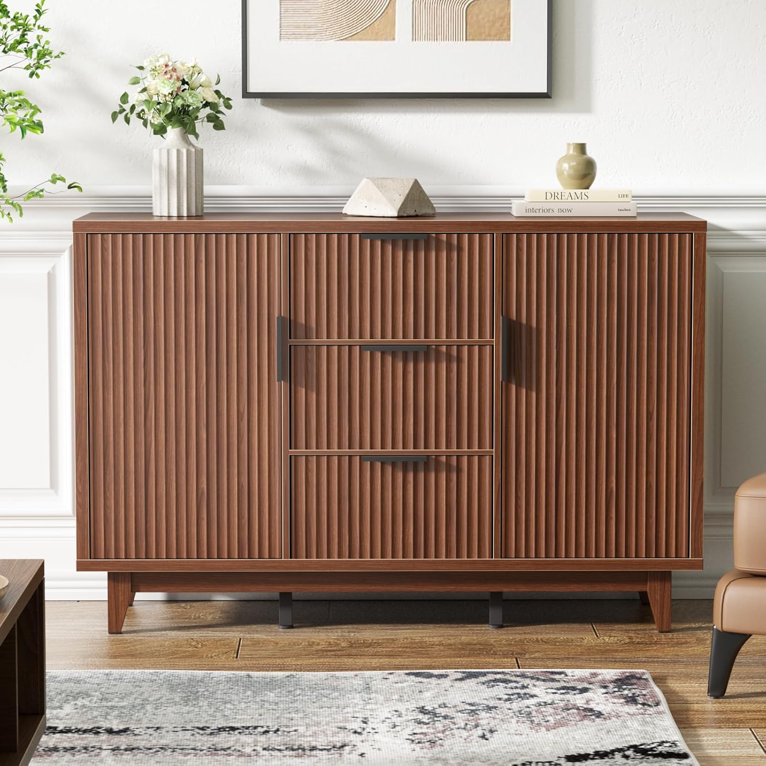 Elegant Fluted Storage Cabinet with 3 Drawers and Doors