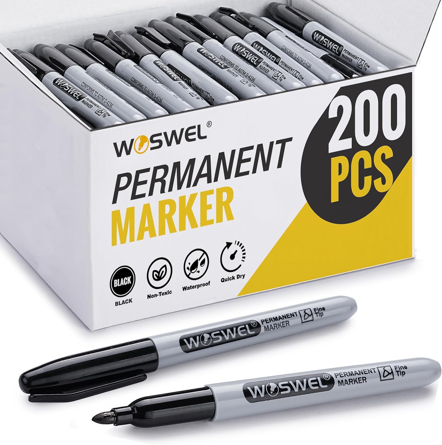 Bulk Permanent Markers Set of 200 Fine Tip Black Pens