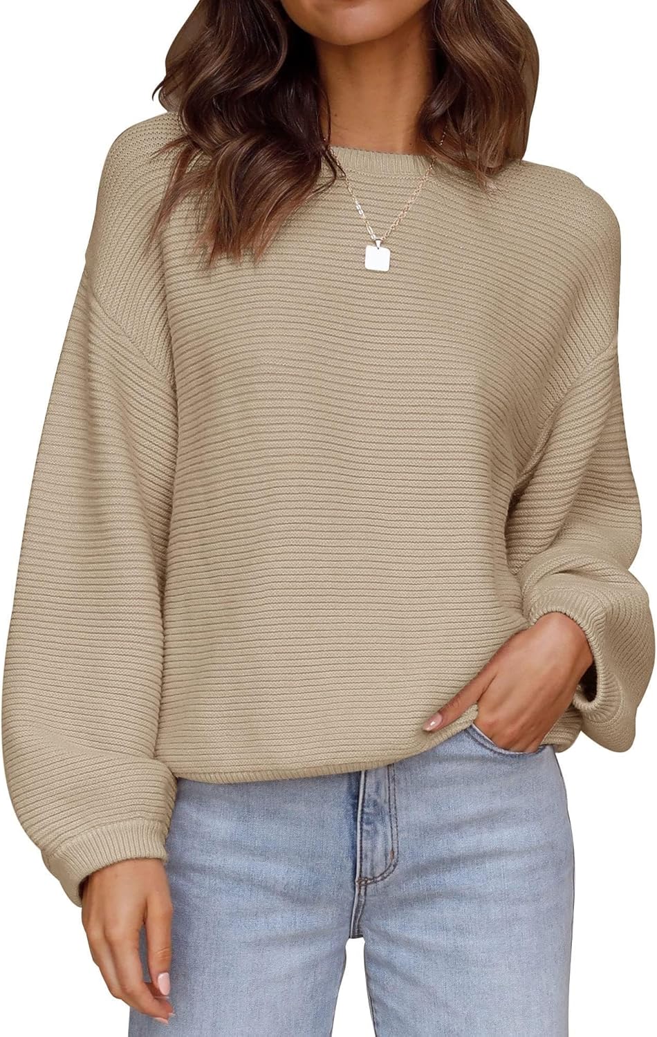 ZESICA Women's Crew Neck Lantern Sleeve Pullover Sweater Tops
