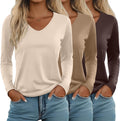 3 Pack Women's Long Sleeve V Neck T Shirts - Soft Cotton Blend