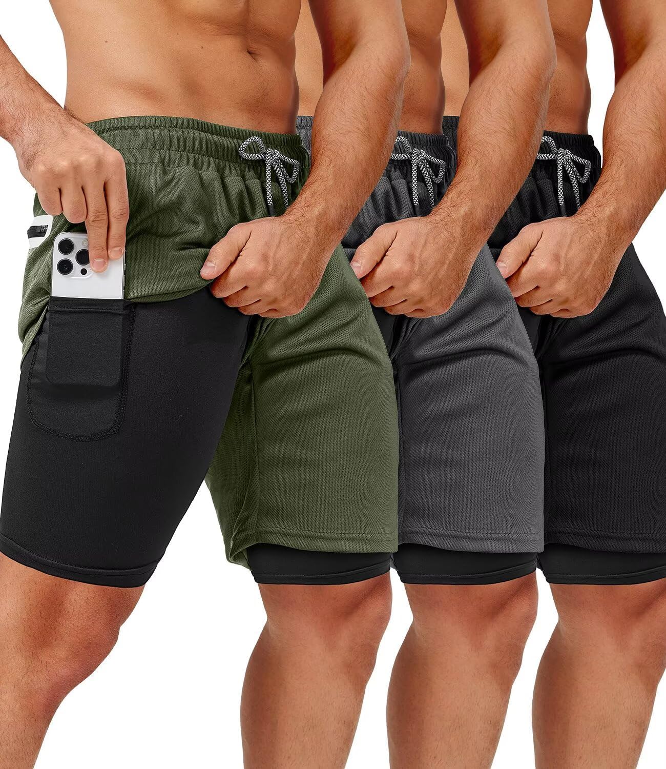 2 In 1 Gym Shorts for Men with Pockets and Towel Loop