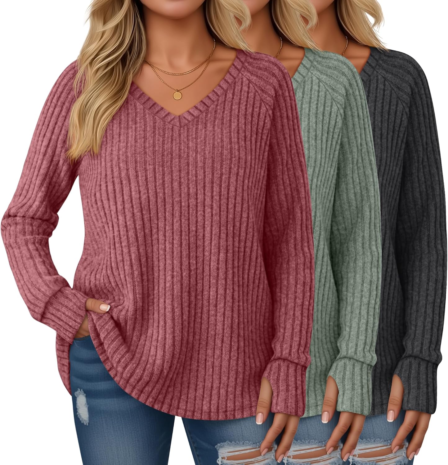 Plus Size Women's Long Sleeve Sweaters with Thumb Holes