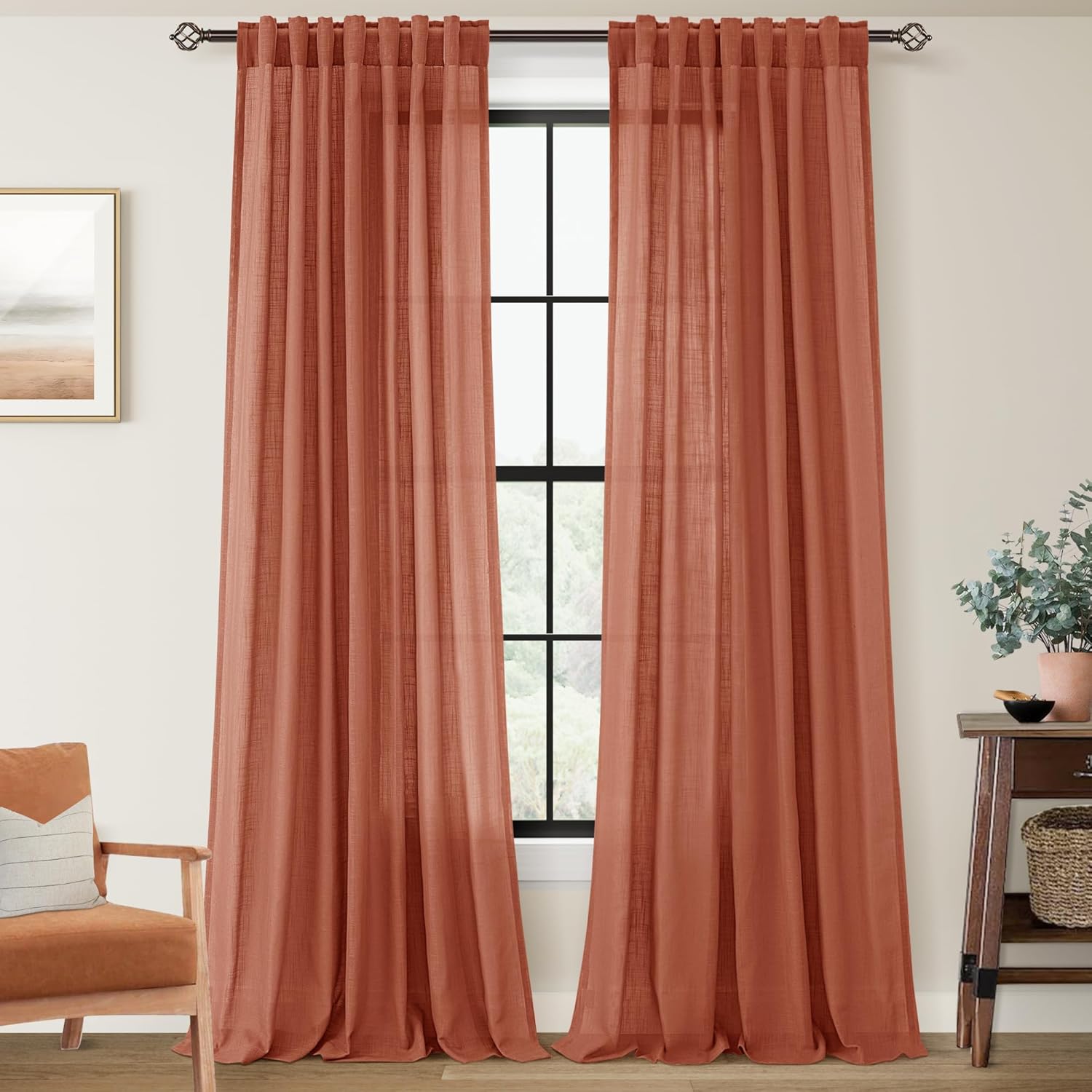 132 Inch Linen Terracotta Curtains for Living Room Decor