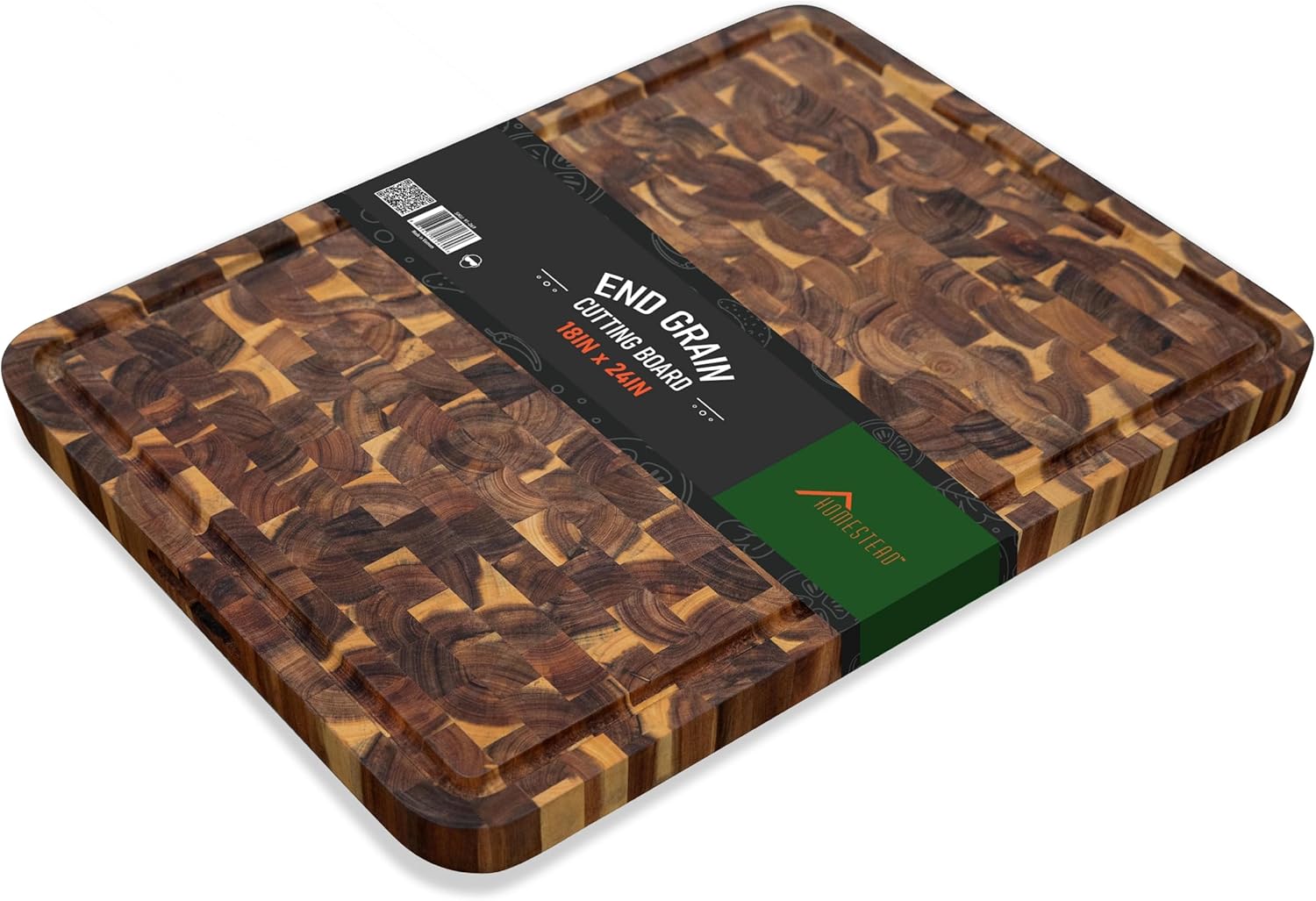 End Grain Acacia Wood Cutting Board with Juice Grooves & Handles